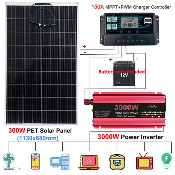 110 В/ 220 В Система выработки солнечной энергии 3000 Вт инвертор постоянного тока в переменный 300 Вт 18 В Солнечная панель 150A Контроллер заряда Комплект для выработки электроэнергии
