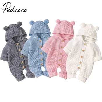 2020 Детская Весенне-осенняя одежда Для новорожденных Мальчиков и девочек, вязаные ползунки с мишками, шарики С ушками, Шерстяной свитер с капюшоном, Комбинезон, Однотонная одежда