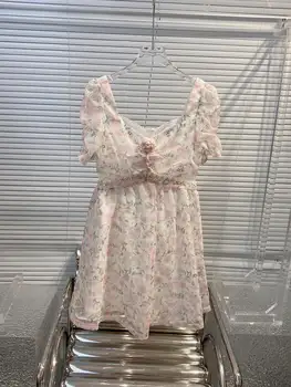 2023 новое женское модное французское платье с квадратным вырезом и короткими рукавами потрясающего розового цвета 0522