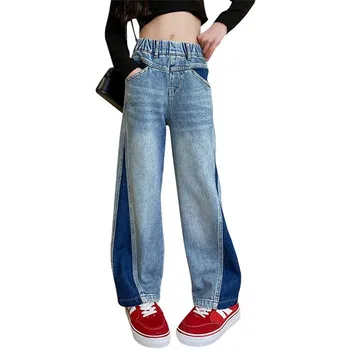 2023 Новые градиентные лоскутные джинсы Для девочек Весна-осень, эластичная одежда с широкими штанинами, джинсовые брюки, повседневные Корейские брюки, Уличная одежда Tide