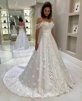 2023 Романтическое свадебное платье трапециевидной формы с открытыми плечами, аппликации, шлейф, молния сзади, Милое платье невесты, Vestidos De Novia