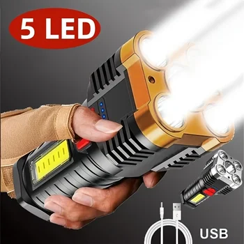 5 светодиодных фонариков, перезаряжаемых через USB, сильный свет с боковым прожектором COB для экстренных поездок на открытом воздухе