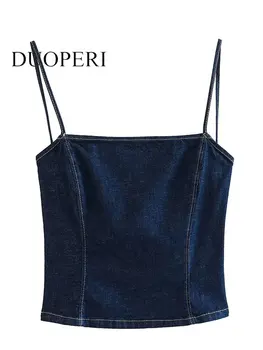 DUOPERI, женский модный джинсовый синий укороченный топ с повязкой на спине, винтажные тонкие бретельки, вырез лодочкой, женский шикарный женский укороченный топ