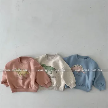Ins Корейская версия, Новый зимний топ для мальчиков и девочек, детский Корейский флисовый мягкий пуловер с милым динозавром, свитер