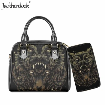 Jackherelook Модная женская сумка через плечо, длинный кожаный кошелек, 2 шт., художественный дизайн в виде животного Волка, 3D-печать, сумка-мессенджер, сумка для покупок