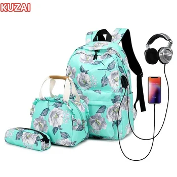 KUZAI, 3 шт./компл., школьный рюкзак с цветочным рисунком для девочек, милая сумочка с цветочным рисунком, студенческая сумка-карандаш, детские школьные сумки, детский рюкзак