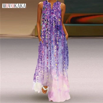 MOVOKAKA Женское весенне-летнее фиолетовое длинное платье без рукавов, свободные пляжные платья с V-образным вырезом, вечерние платья Макси с цветочным принтом, женские платья
