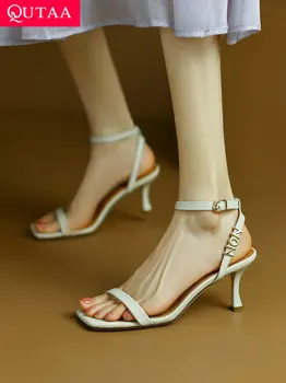 QUTAA/ 2022 Новые женские босоножки; Летняя модная женская обувь из натуральной кожи на тонком высоком каблуке с квадратным носком; повседневные туфли-лодочки с квадратным носком; Размер 34-40