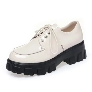 Syflyno 2023 Новая обувь, Лоферы, Женская повседневная обувь из натуральной кожи на платформе, Студенческая обувь в британском стиле на шнуровке Для девочек