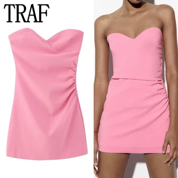 TRAF Розовое платье-корсет, короткие платья с открытыми плечами Для женщин, сексуальное мини-платье без бретелек с открытой спиной, летние платья для вечеринок 2023