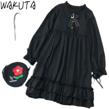 WAKUTA Японское модное платье Миди для девочек в стиле Лолиты, Милое Опрятное платье с бантом и оборками, О-образный вырез, длинный рукав, черные платья для подростков, винтажные