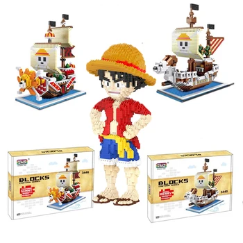 Аниме One Piece Mini Brick Monkey D Фигурка Луффи, Пиратский корабль, идущий Веселой тысячей Солнечных строительных блоков для детских игрушек