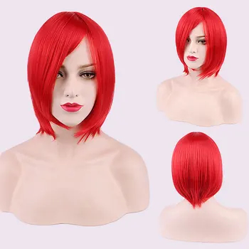 Аниме синтетический парик красный короткий боб прямые волосы с подстригаемой челкой мужчины женщины красный косплей парик для женщин короткие красные парики + шапочка для парика