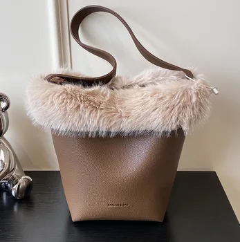 Брендовая дизайнерская женская сумка через плечо из искусственной кожи, меховая сумка через плечо, сумка-ведро, тренд 2022 года