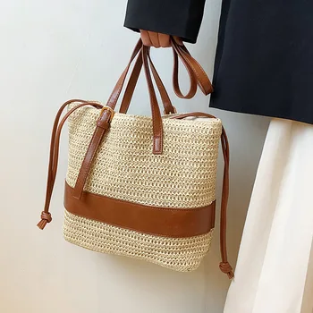 Брендовая дизайнерская соломенная женская сумка через плечо контрастного цвета, сумка через плечо, сумка-ведро, тренд 2022 года