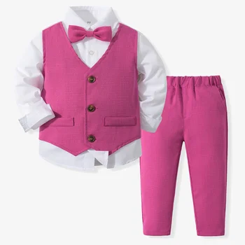 Весенне-Осенний Новый Комплект детской модной одежды с длинными рукавами и галстуком-бабочкой, Хлопковый Облегающий Однотонный костюм Для мальчиков