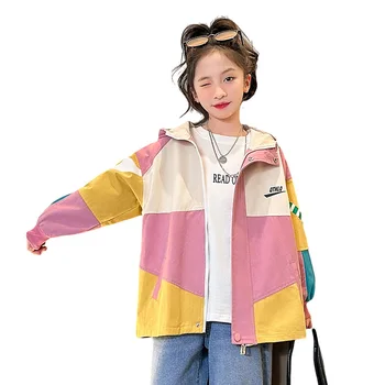 Весенний короткий тренч для девочки, Корейская дизайнерская куртка средней длины с нашивками, детская одежда для подростков, уличная одежда, топ с капюшоном от 4 до 14 лет