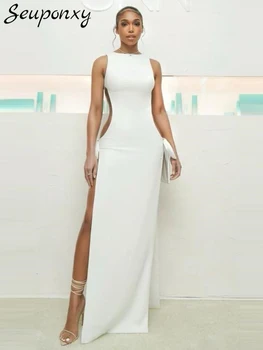 Высококачественное Сексуальное женское длинное платье без рукавов с круглым вырезом и полым бантом с высоким разрезом 2023, Элегантное вечернее платье знаменитостей, Vestidos