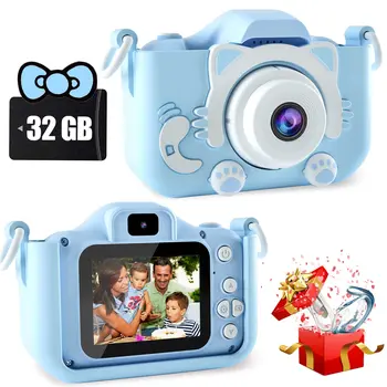 Детская камера, игрушки для мальчиков / девочек, детская цифровая камера для малышей с видео, Рождественские подарки на День рождения, селфи-камера, 32 ГБ SD-карты