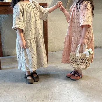 Детская одежда Детское платье для девочек в корейском стиле Весна-лето Хлопчатобумажный Марлевый горошек 2023 Новое Модное Повседневное Простое платье принцессы