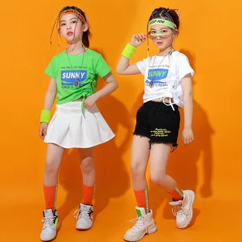 Детская танцевальная одежда для концертов в стиле хип-хоп, зеленая футболка, уличная одежда, Белые летние шорты, юбка для девочек, одежда для джазовых танцев для мальчиков