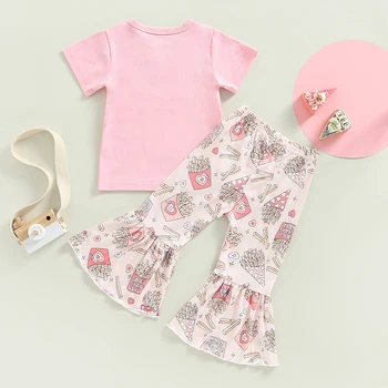 Детский Костюм из 2 предметов для маленьких девочек, детская летняя футболка с принтом картофеля фри с коротким рукавом, расклешенные брюки, комплект одежды для младенцев