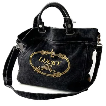 Дизайнерская джинсовая сумка с вышивкой, женская сумка с модным письмом, универсальная женская сумка, холщовая сумка через плечо