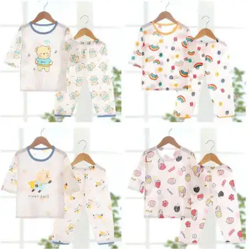 Домашняя одежда с милым рисунком для маленьких девочек Летние Тонкие повседневные комплекты из 2 предметов, пижамы для мальчиков, топы + брюки из чистого хлопка