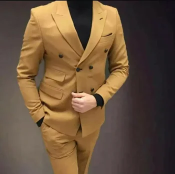 Желтый мужской двубортный блейзер Брюки Роскошный Мужской костюм Пальто Одежда для званого ужина Свадебная одежда Мужские комплекты Куртка Брюки из 2 предметов