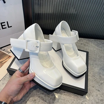 Женская обувь 2023 года, новинка Mary Jane, женские корейские свадебные туфли на высоком толстом квадратном каблуке в стиле ретро, белые свадебные туфли на высоком каблуке для невесты