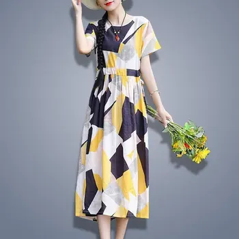 Женская одежда Повседневное геометрическое платье миди в стиле пэчворк с круглым вырезом, летняя мода, гофрированный шнурок, Элегантные платья трапециевидной формы на талии