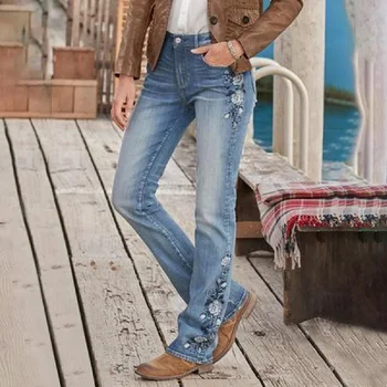 Женские джинсы 2022, осенние джинсовые брюки с принтом в стиле ретро, Свободные Прямые выстиранные Модные женские прямые брюки, повседневные синие брюки 90-х годов.
