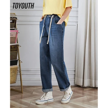 Женские джинсы Toyouth 2023, Летние Прямые свободные брюки из эластичного денима с эластичной резинкой на талии, темно-синие повседневные универсальные брюки для стирки