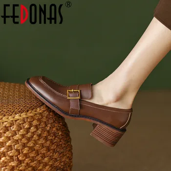 Женские туфли-лодочки FEDONAS с квадратным носком в стиле ретро, пряжка для ремня из натуральной кожи на толстом каблуке, классические весенне-осенние базовые офисные женские туфли