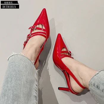 Женские туфли-лодочки, красные женские туфли на тонком высоком каблуке 2023, Элегантные босоножки, Модные женские босоножки с острым носком, летние горки