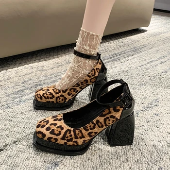 Женские туфли на высоком каблуке с леопардовым принтом, весна 2023, новые модные тонкие туфли с квадратным носком, французские туфли Mary Jane в стиле ретро, женская обувь JK.
