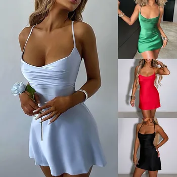 Женское атласное мини-платье, сексуальное облегающее платье на бретельках с открытой спиной, модные платья для клубных коктейльных вечеринок, женские вечерние платья