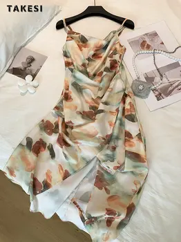 Женское винтажное платье с цветочным принтом, V-образным вырезом, открытой спиной до середины икры, Летнее элегантное платье на бретелях без рукавов с высокой талией, 2023