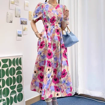 Женское платье Syeazeam, Французское Элегантное платье, Нишевое Шикарное повседневное тонкое платье с рукавами-пузырями с принтом, простая Универсальная Модная женская одежда