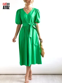 Зеленое Женское Летнее платье 2023 года, Сексуальное Повседневное Элегантное Длинное платье Миди Трапециевидной формы С Пышными рукавами, Винтажные платья С V-образным вырезом На талии 2915