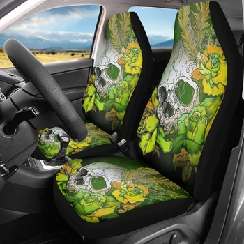 Зеленый череп с цветочным принтом, 2 шт., чехлы для передних сидений внедорожников, моющиеся, Автокресло, Универсальная защита, Легкая чистка