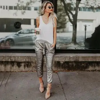 Золотые модные тонкие длинные брюки с блестками, женские брюки-карандаш с высокой талией, женские узкие брюки в стиле high street tide