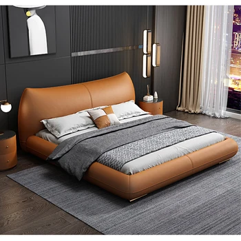 Итальянская минималистичная кожаная кровать с двойным прямоугольным каркасом, скандинавская свадебная кровать размера 