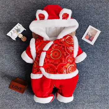 Китайский Традиционный комбинезон для девочек и мальчиков, новорожденный, бабочка, Hanfu, Красный костюм Тан, комбинезон, Китайский Новый год, Наряды на День Рождения