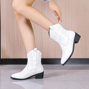 Ковбойские сапоги IPPEUM Для женщин, кожаные ботильоны на массивном каблуке, Вышивка в стиле Кантри Вестерн, Белые ковбойские туфли