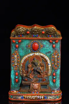 Коллекция 9-дюймового Тибетского храма, Старинная Бронзовая мозаика, Драгоценный камень, Бирюзовый, окрашенный в Зеленый цвет Тара Будда, Буддийская ниша, Зал поклонения, Таунхаус