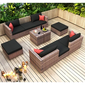 Комплект из 10 предметов для беседки в саду на открытом воздухе, коричневый плетеный секционный диван для разговора с черными и красными подушками
