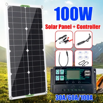 Комплект Солнечной Панели мощностью 100 Вт с Контроллером 30A-100A, Солнечная Батарея 12 В/24 В, Двойной USB-Интерфейс Зарядки, Солнечная Плата для Автомобильного Аккумулятора RV