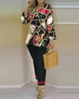 Комплекты из двух предметов, женские Outifits, Осенняя мода, винтажный шарф с цепочкой, расклешенный топ с V-образным вырезом и длинными рукавами, комплект повседневных брюк