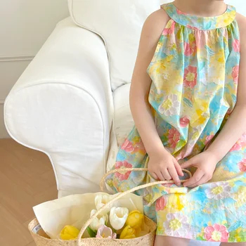 Корейские дети, Лето 2023, Новый стиль, Длинное платье с принтом для девочек, Детские платья с цветочным ремешком, Детская одежда, платья на 2 года